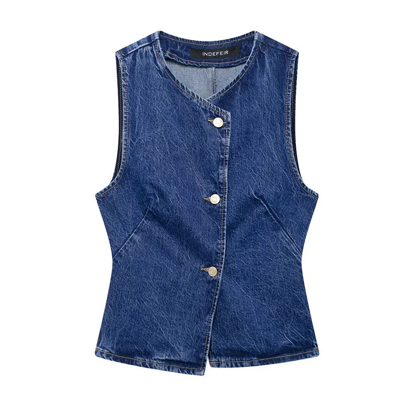 TRAFZA Summer Denim Trousers Set For Women Sleeveless Cropped Vest Top + Wild Basic Women's Wide Leg Long Pant Trendy denim vest