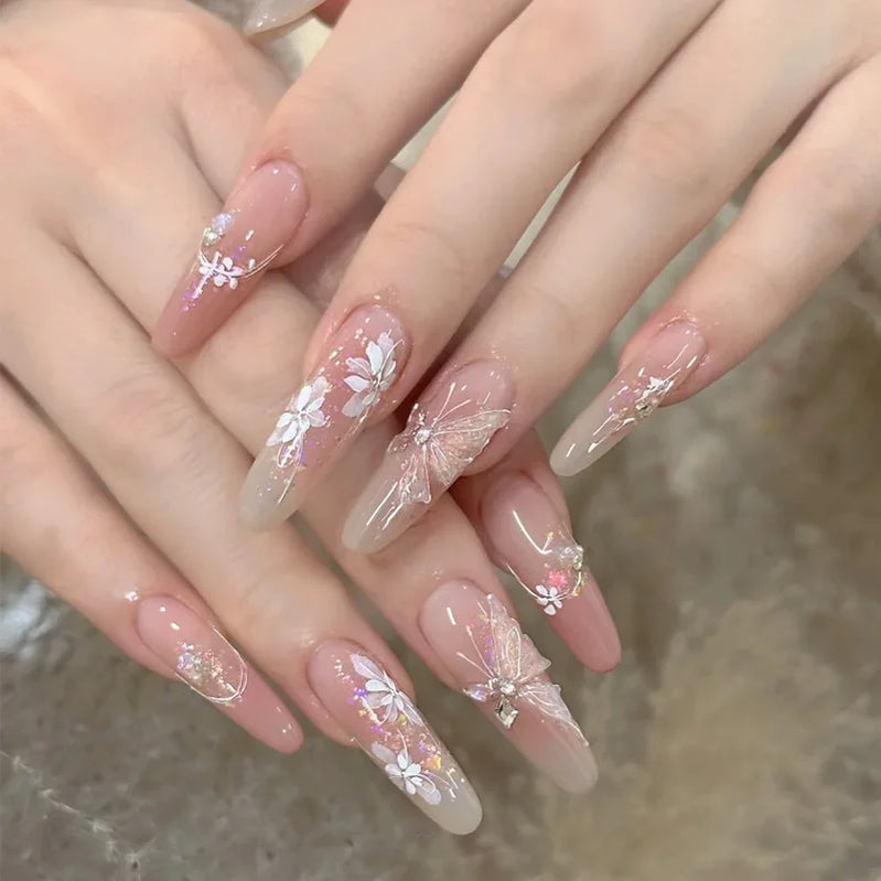 24Pcs Long Gradient Press on Fake Nails Full Cover Butterfly Rhinestone Design Gentle Oval Fashion Nail Detachable Nail Tips Art