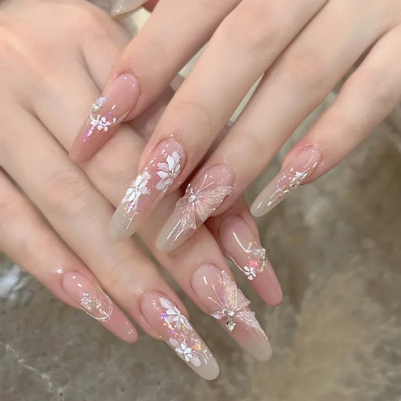 24Pcs Long Gradient Press on Fake Nails Full Cover Butterfly Rhinestone Design Gentle Oval Fashion Nail Detachable Nail Tips Art