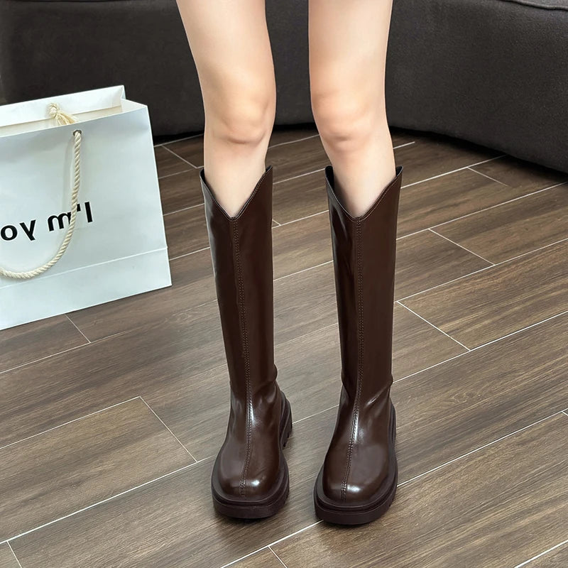 Winter British Round Toe Mid Heel Knight Boots PU Leather Breathable and Simple Versatile Coarse Heel Fashion Boots for Women