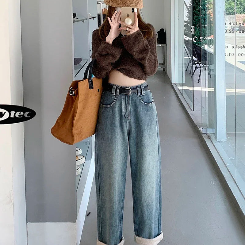 S-XL 2Colors Winter women long Straight wide leg denim pants Thick Warm High waist Denim jeans Trousers for womens+Belt