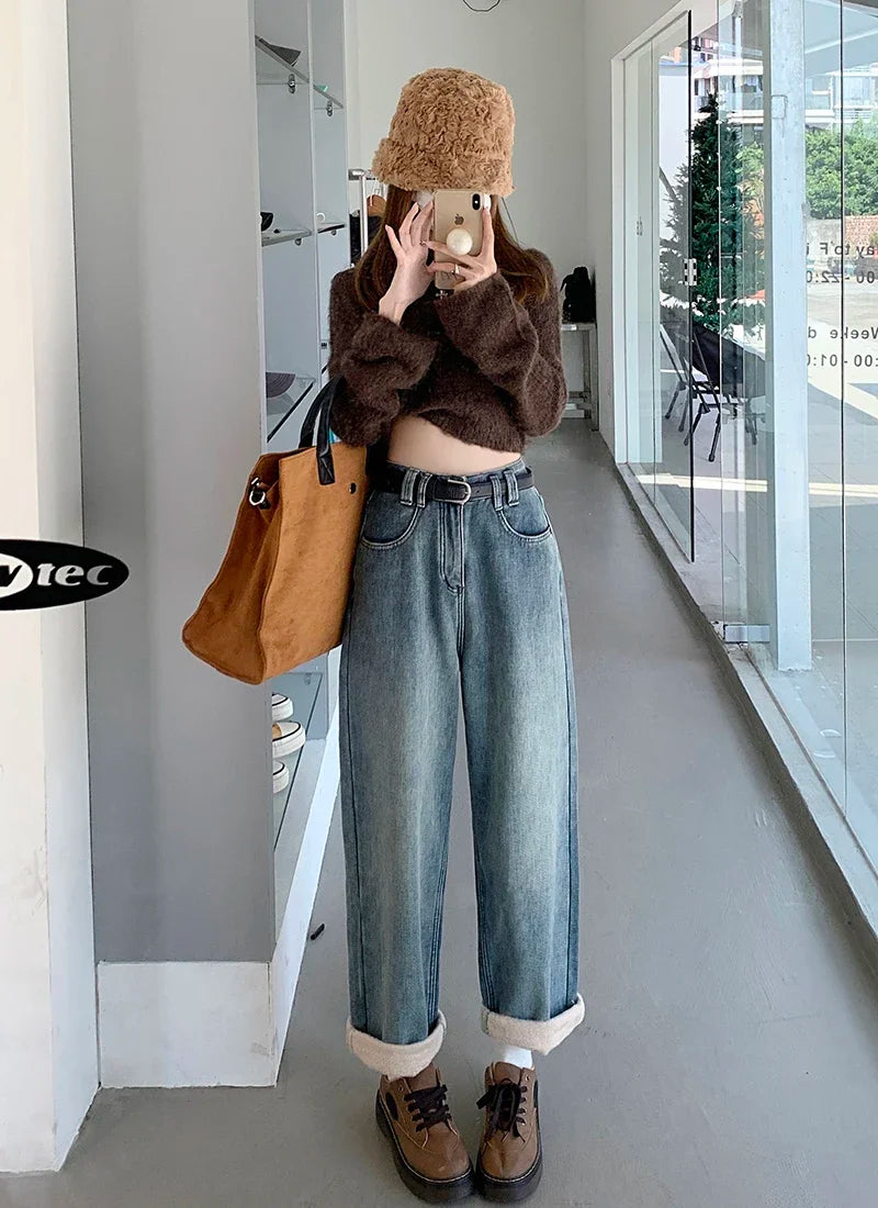 S-XL 2Colors Winter women long Straight wide leg denim pants Thick Warm High waist Denim jeans Trousers for womens+Belt