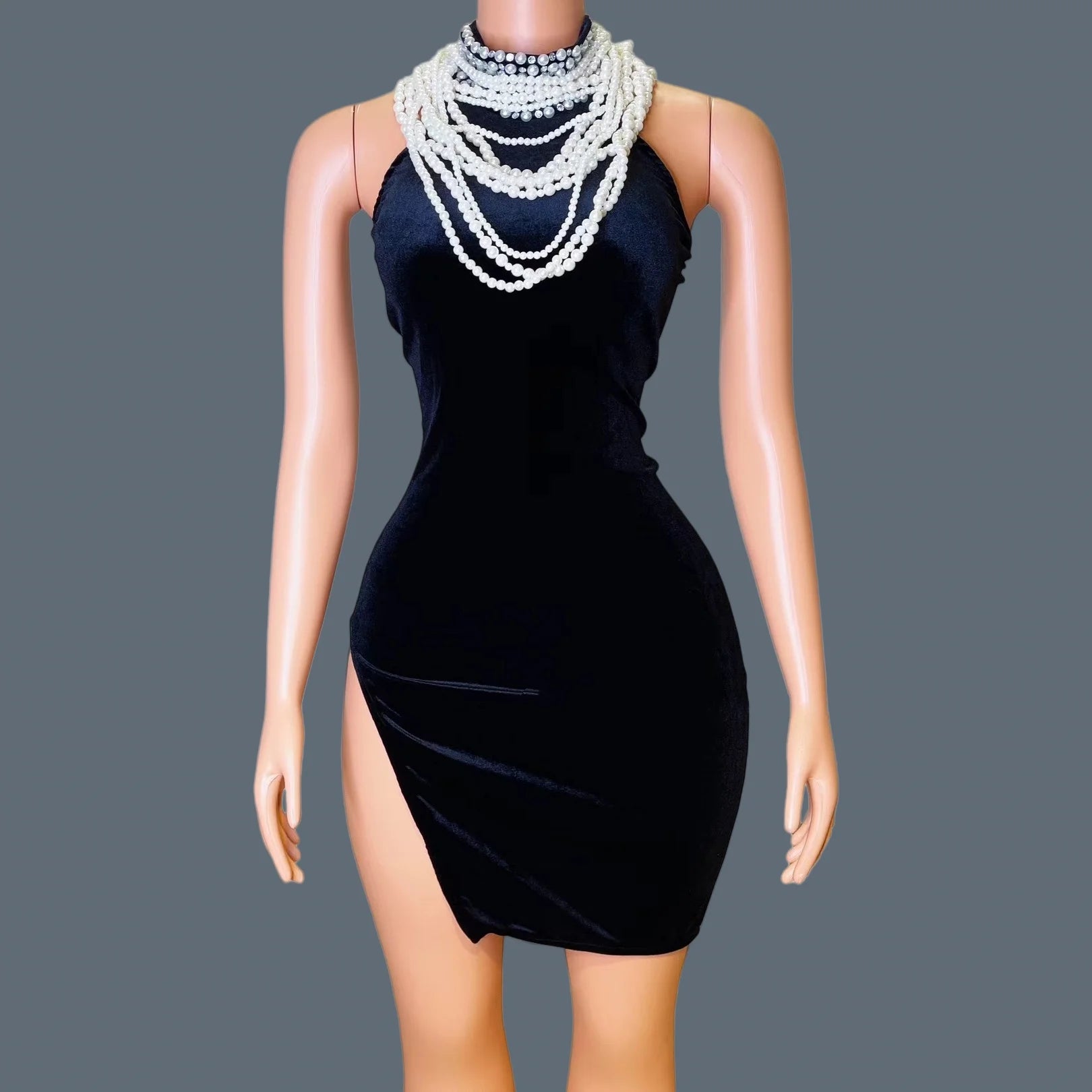 Pearl Necklace Velvet High Slit Mini Dress Luxury Dinners Event Sleeveless Evening Dress Nightclub Prom Sexy Short Dress Guilin