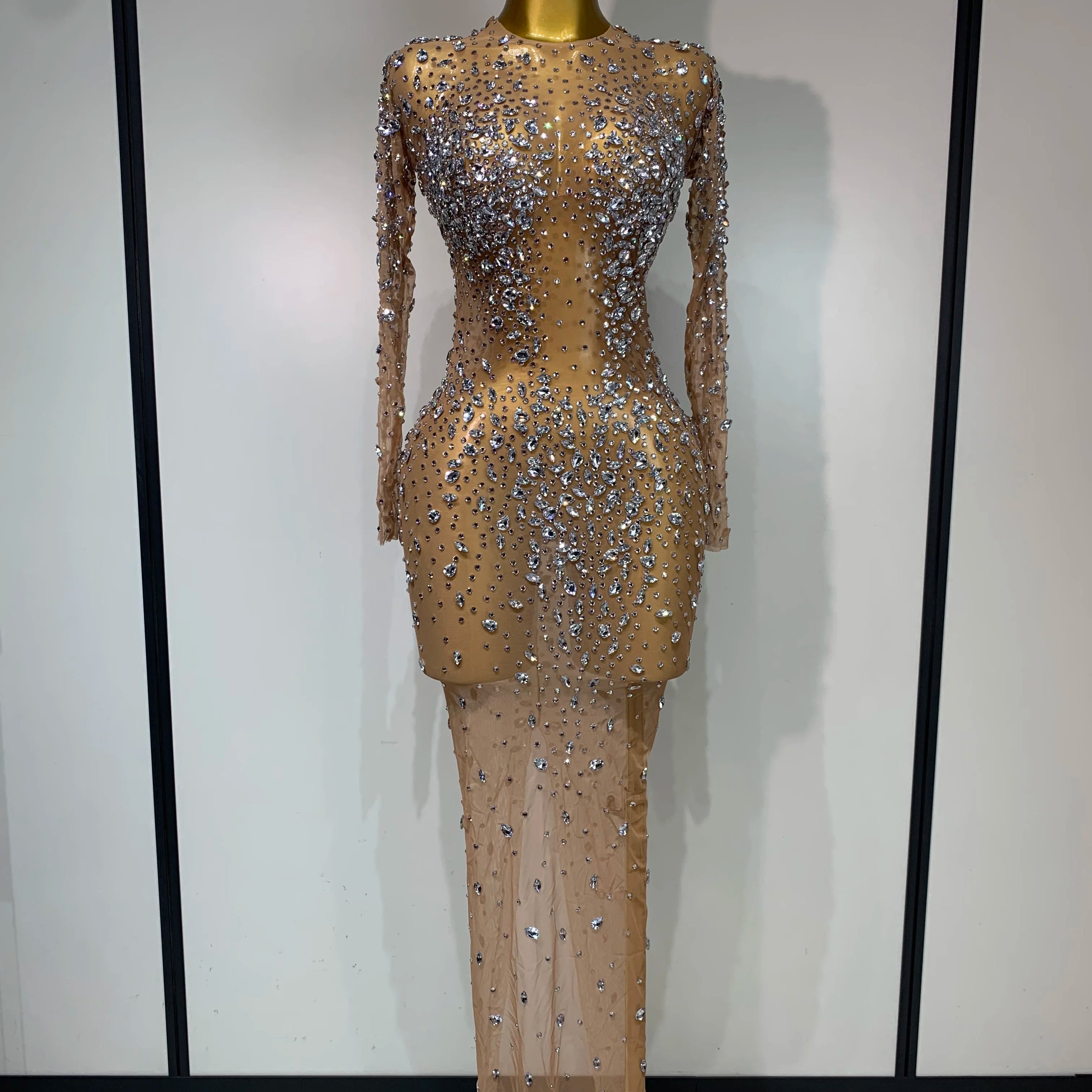 Women Sexy Long Sleeve Bodycon Dress Luxury Birthday Evening Party Glitter Rhinestones Mesh See Through Prom Gown Stage Outfit