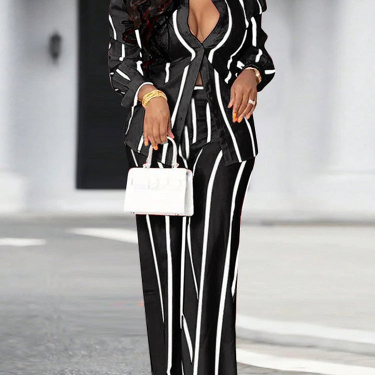 Plus Size 5XL VONDA 2025 Women Pants Sets Matching Sets Vintage Striped Shirt Trouser Casual Two-Piece Sets Office Lady Suits