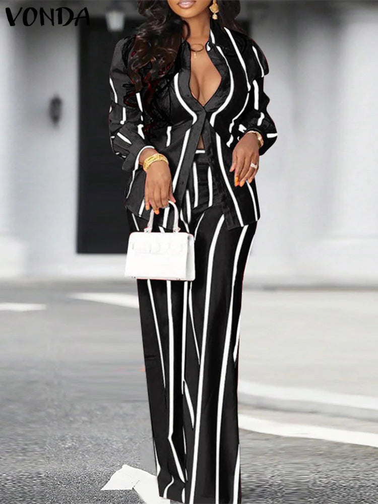 Plus Size 5XL VONDA 2025 Women Pants Sets Matching Sets Vintage Striped Shirt Trouser Casual Two-Piece Sets Office Lady Suits