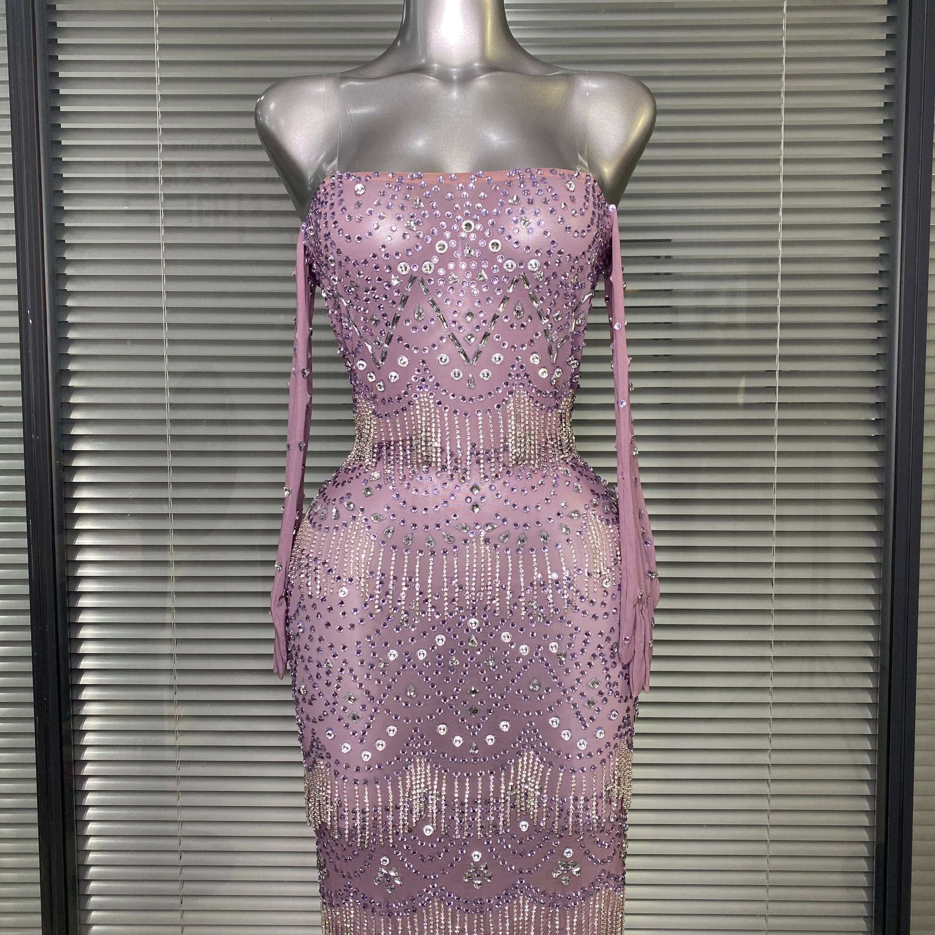 Women Sexy Strapless See Through Mesh Purple Costume Stage Dancer Singer Night Club Celebrity Gloves Mini Party Dress