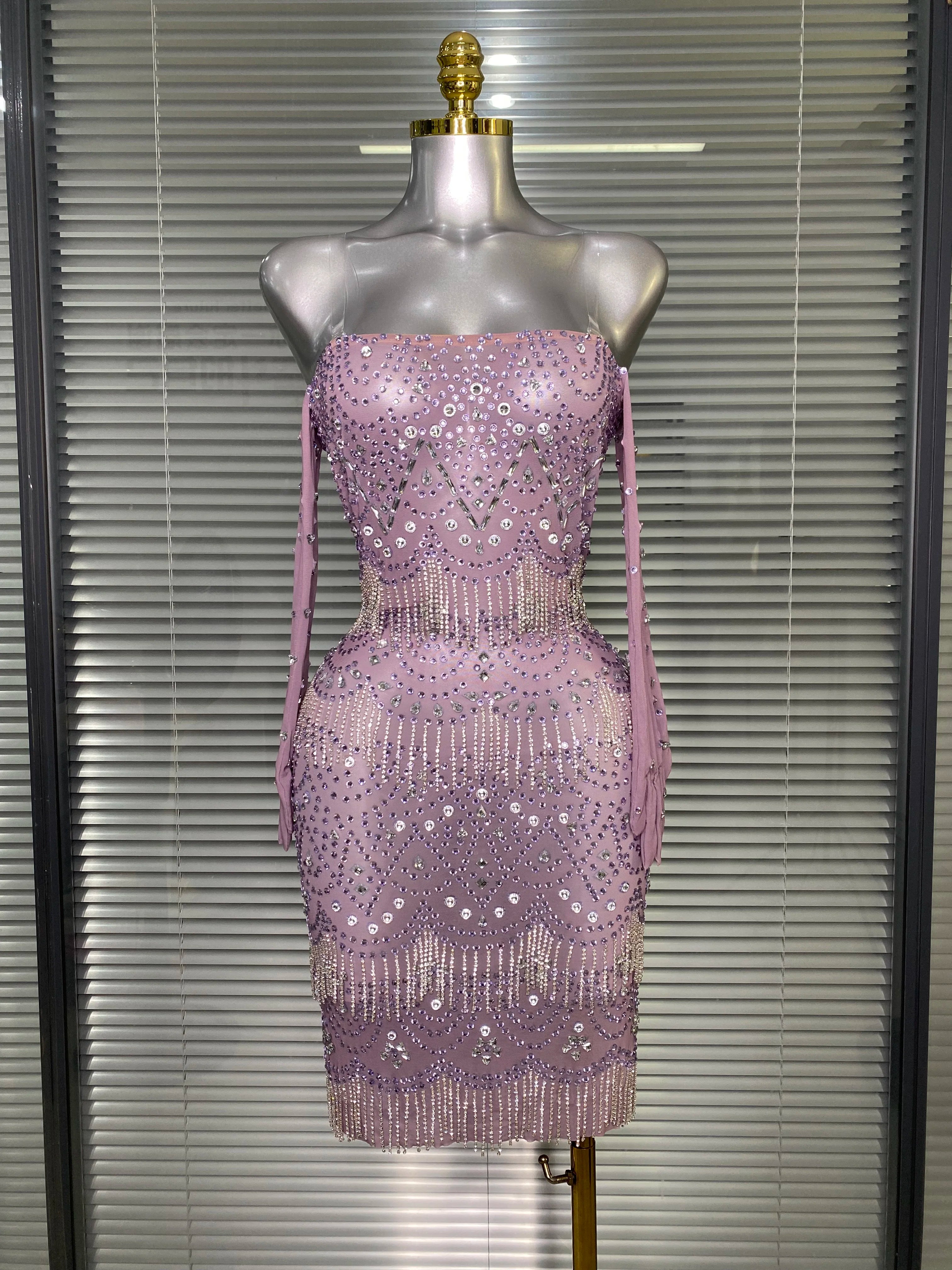 Women Sexy Strapless See Through Mesh Purple Costume Stage Dancer Singer Night Club Celebrity Gloves Mini Party Dress