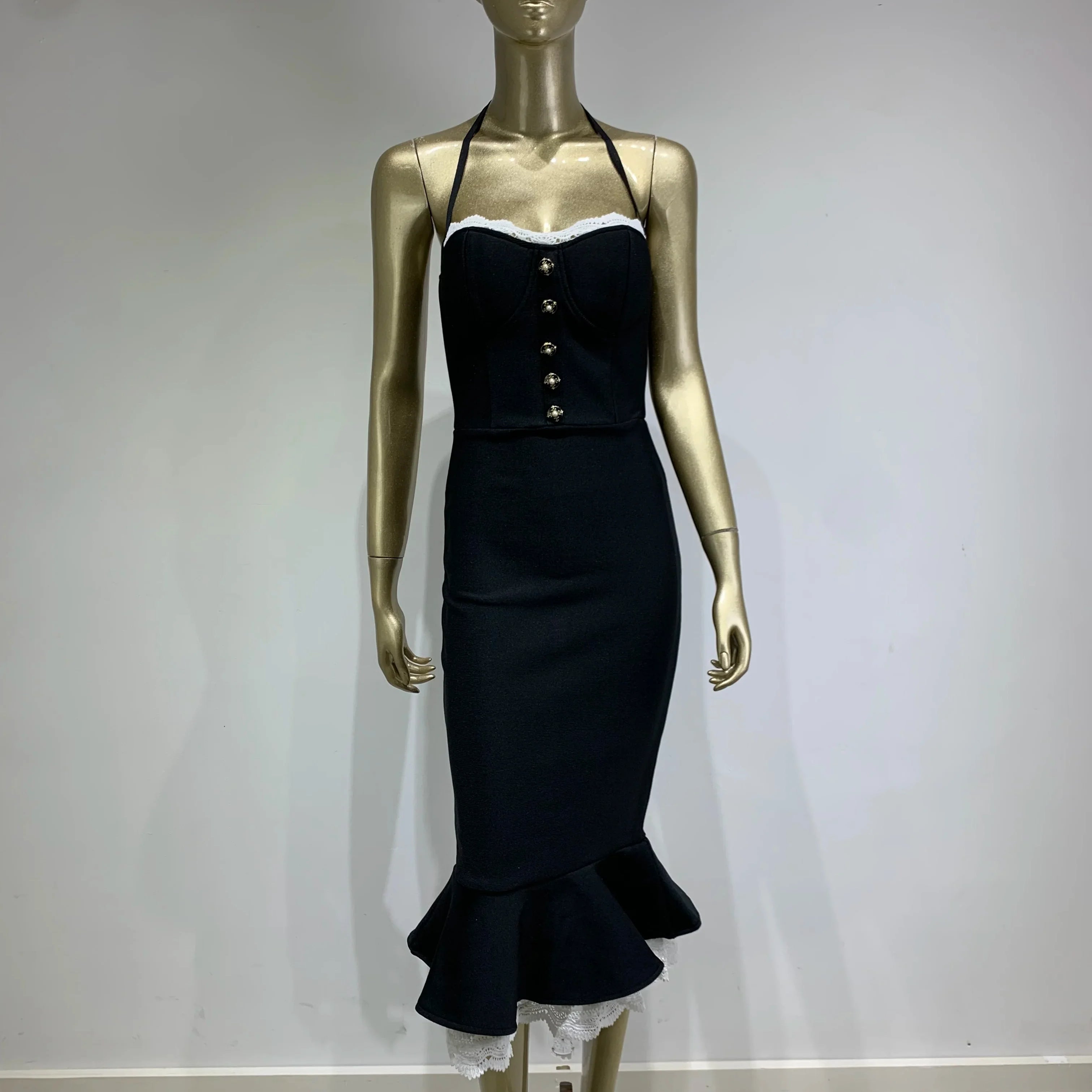 Vestido feminino sexy sem costas halter preto sereia midi bodycon bandage elegante vestido de festa para noite