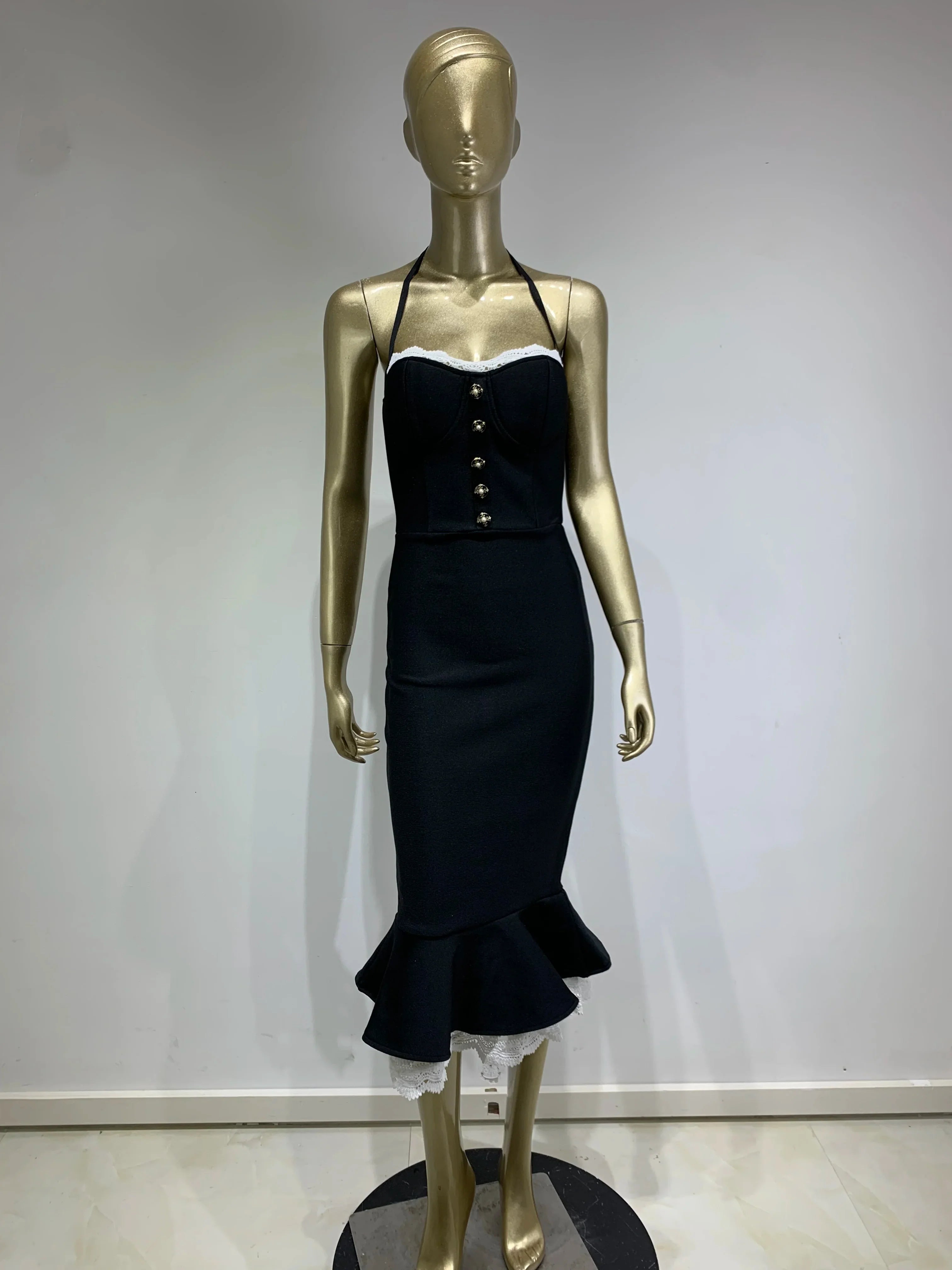 Vestido feminino sexy sem costas halter preto sereia midi bodycon bandage elegante vestido de festa para noite