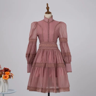 Runway Designer Embroidery Lace Patchwork Party Night Dress High Quality Lantern Sleeve Stand A Line Vintage Elegant Dress