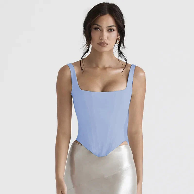 Women's Halter Square Neck Backless Short Vest Stretch Bandage Tight Top Sky blue