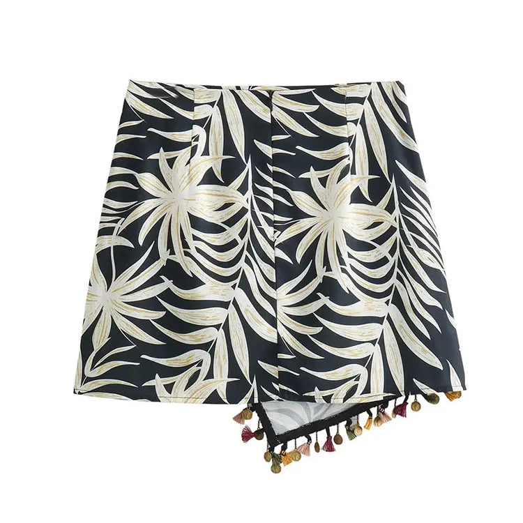 TRAFZA Women's Zipper Short Skirt Street Clothing Unique Tassel Pendant Elegant Women's Summer Retro Print Asymmetric Mini Skirt