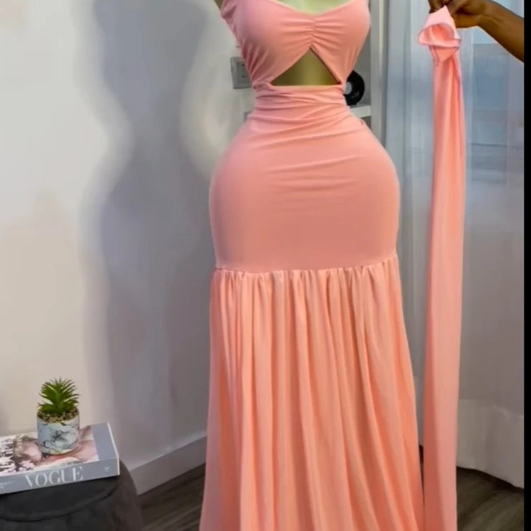 CM.YAYA Women Sleeveless Strap Ruched V-neck Pleated Side Split A-line Midi Maxi Long Dress 2025 Birthday Sexy Party Dresses