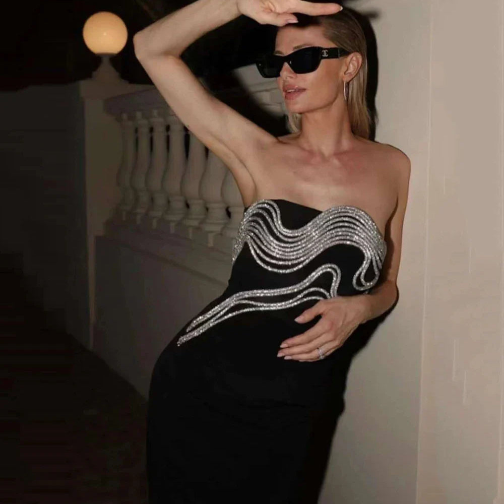 Vestido longo preto longo, sem alças, colado ao corpo, elegante, para festa noturna, celebridades, sexy, sem costas, diamantes