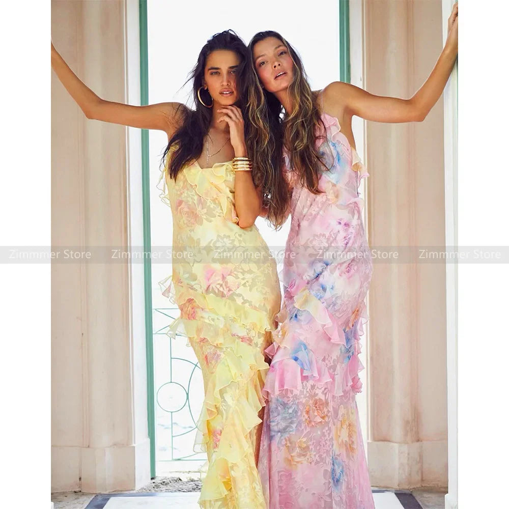 High Quality! Floral Slim Halter Dress Women Summer New Seaside Holiday Beach Ruffle Halter Long Skirt