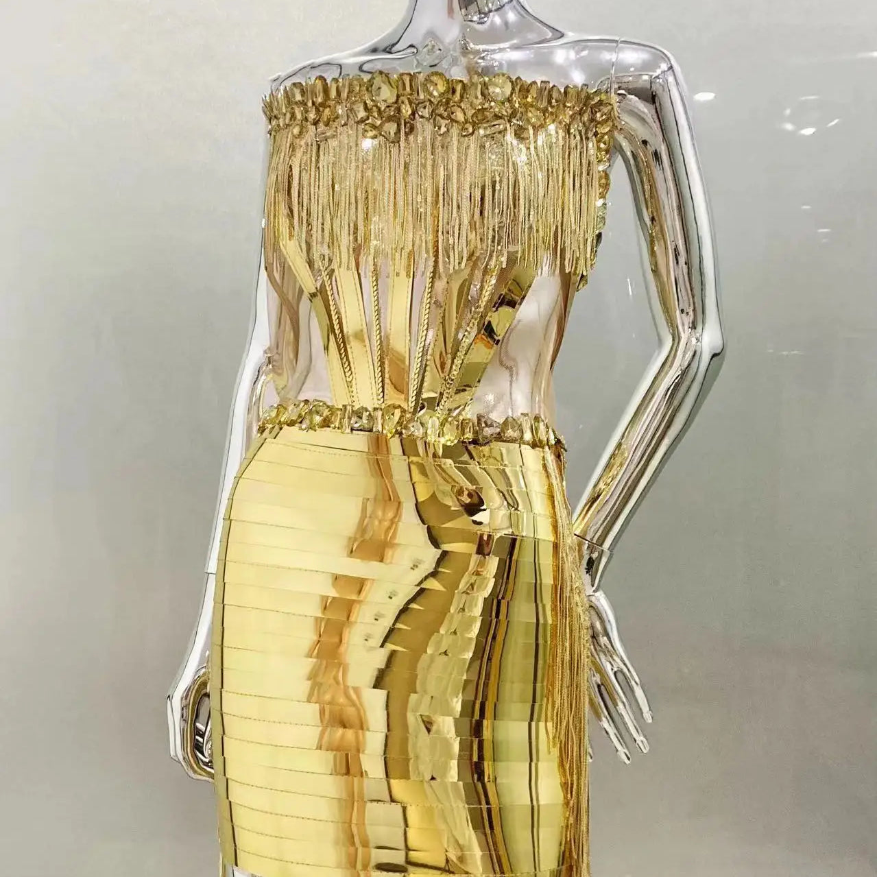 Gold Color Women Sexy Strapless Shinning Crystal 2 Pieces Bodycon Mini Dress Nightclub Party Performance Costume Birthday Dress