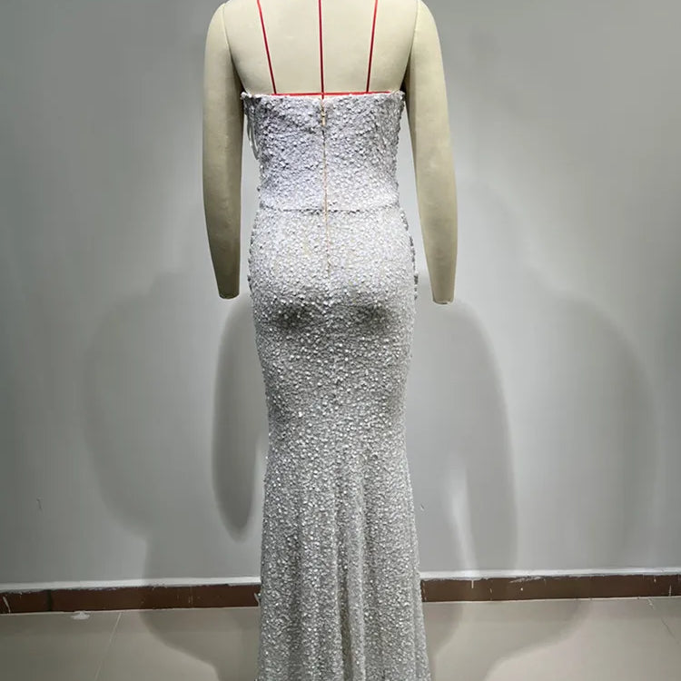 Vestido feminino luxuoso, sexy, sem alças, costas nuas, pérolas, lantejoulas, maxi longo, bege, elegante, para festa à noite, clube