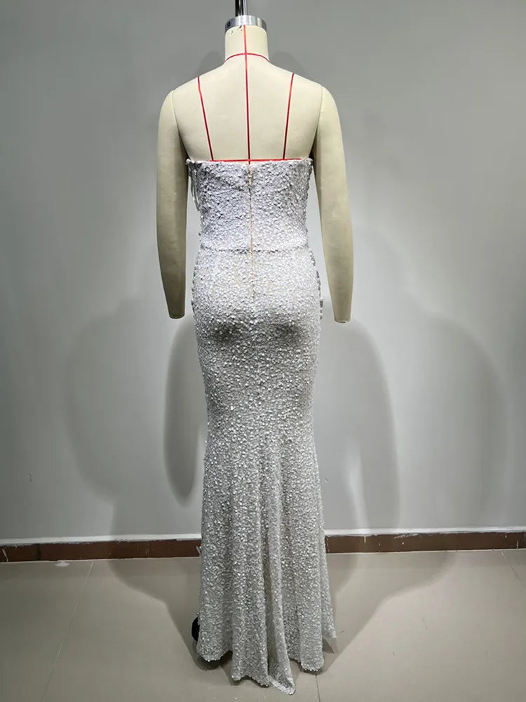 Vestido feminino luxuoso, sexy, sem alças, costas nuas, pérolas, lantejoulas, maxi longo, bege, elegante, para festa à noite, clube