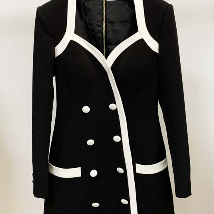 HIGH STREET Newest Designer Dress Women's Extra Shoulder Square Collar Long Sleeve Double Breasted Color Block Mini Dress black