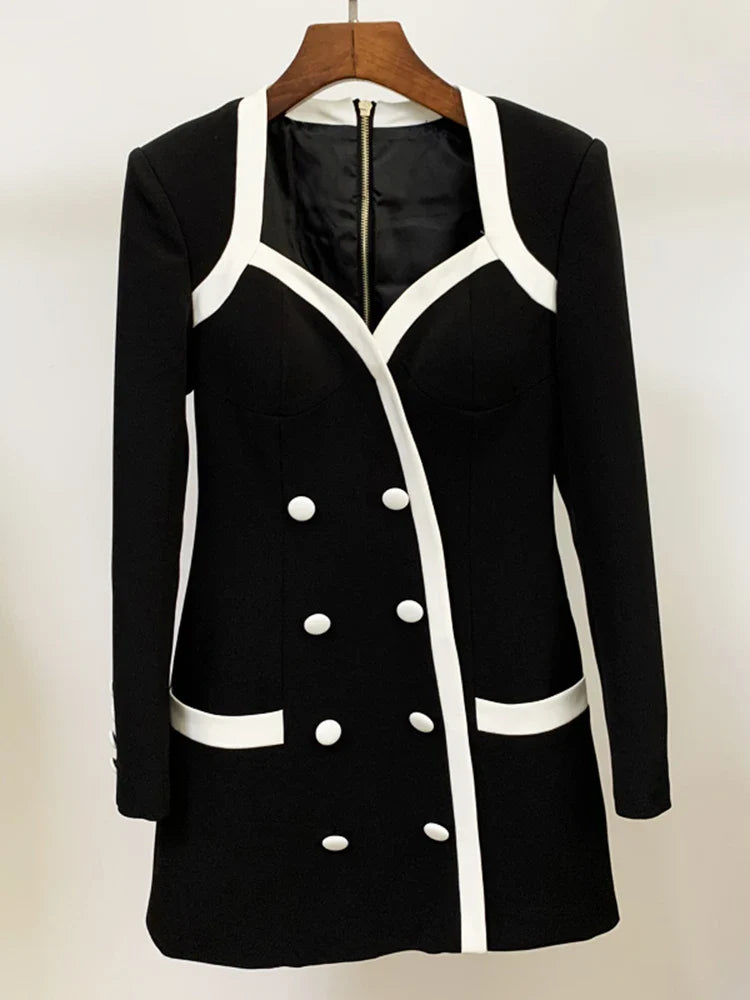 HIGH STREET Newest Designer Dress Women's Extra Shoulder Square Collar Long Sleeve Double Breasted Color Block Mini Dress black