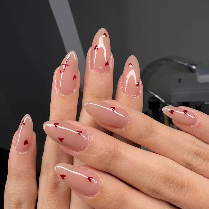 24Pcs Fashion Almond Head Full Cover Nail Tips Nude Pink Oval Press on Fake Nails Short False Nails with Red Love Pattern Design