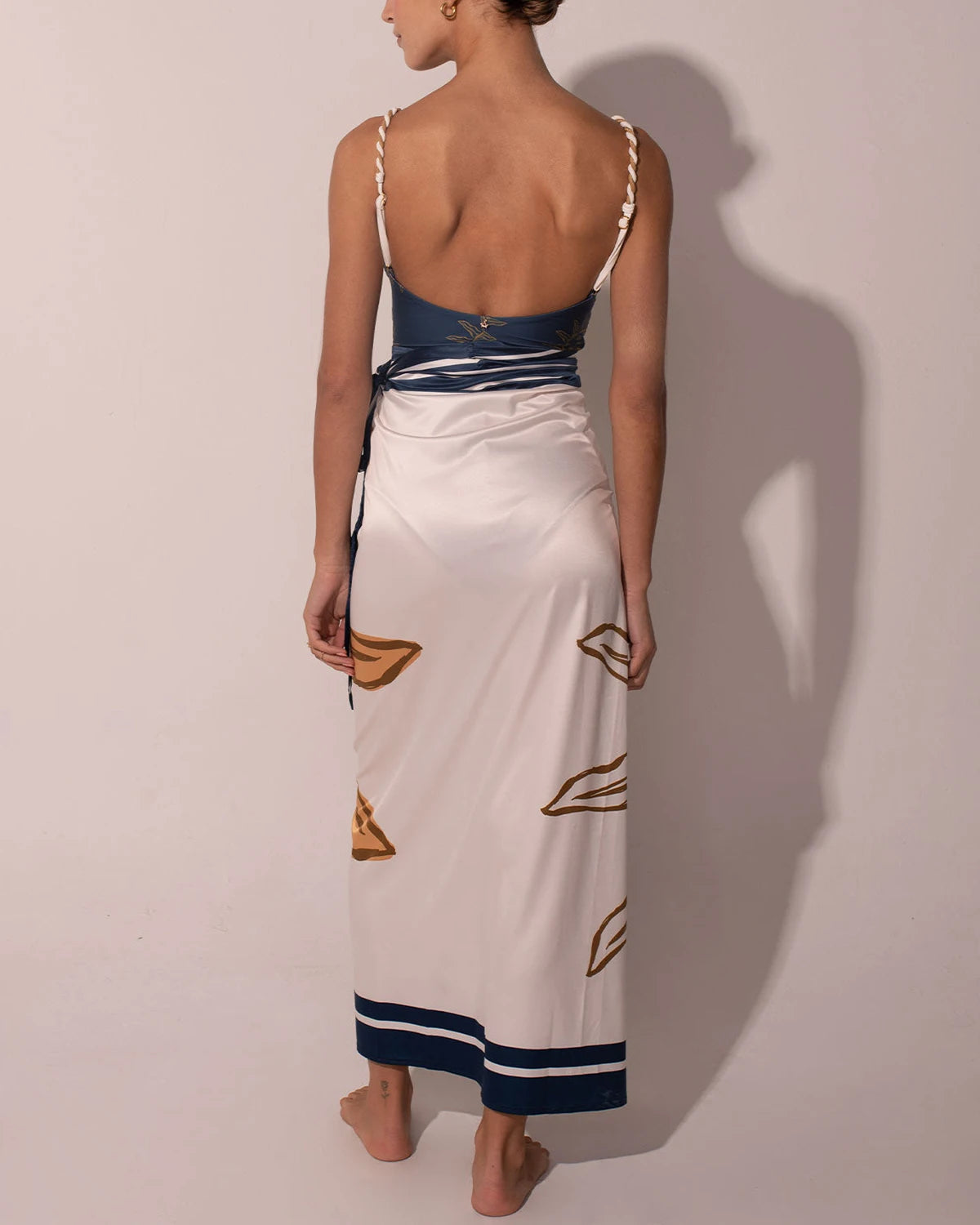 Fashion Blue Sexy Vintage Women's Swimwear Sun Printed Featured Design Hollow Out One Piece Bikini With Long Skirt 2024 Seaside