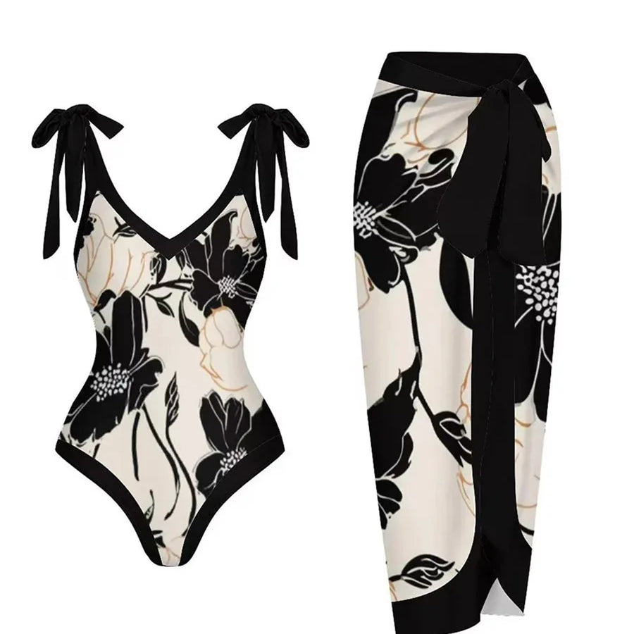 String One Piece Swimsuit & Vent Skirt Padded Sexy Swimwear Women Bathing Suit Female Swimming Summer Beachwear Bodysuit Black1