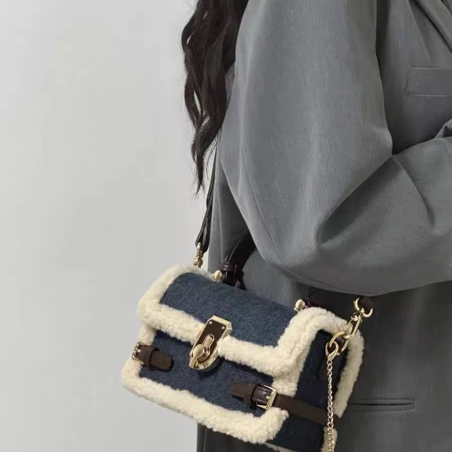 Luxury Women Brand Cashmere and Denim Patchwork Crossbody Bag Retro Flap Messenger Bag