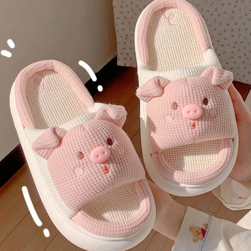 Pink 3.5cm Fashion Soft Ladies Casual Cute Piggy Pattern Design Comfortable Female Linen Home Slippers A