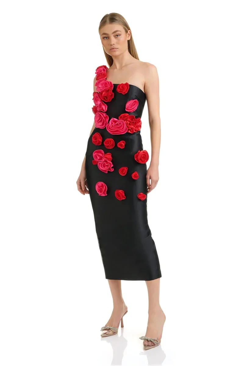 High Quality Red Flowers Strapless Black Bandage Ankle Length Dress Elegant Woman Evening Party Dress Cocktail Party Vestido
