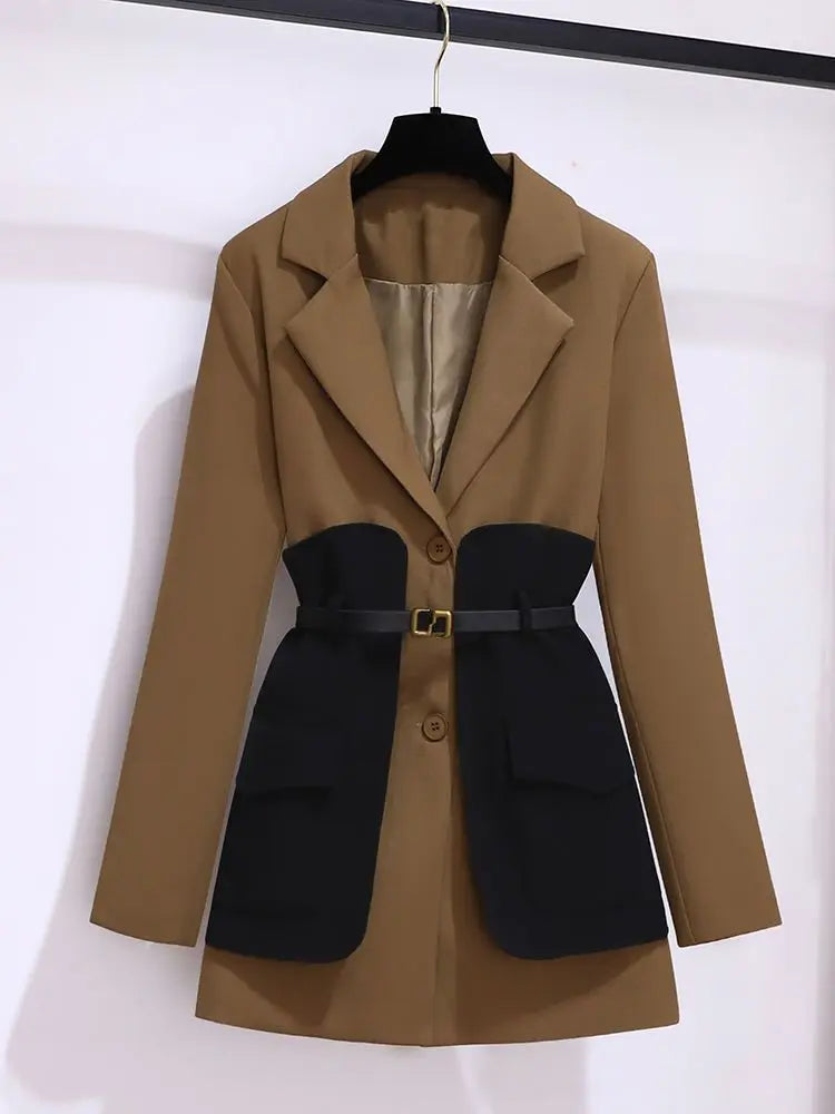 2023 Spring Belt Decorative Patchwork Jacket Blazer Casual Expansion Crying Two-piece Elegant Women Pants Suit Office Outfits coffee jacket