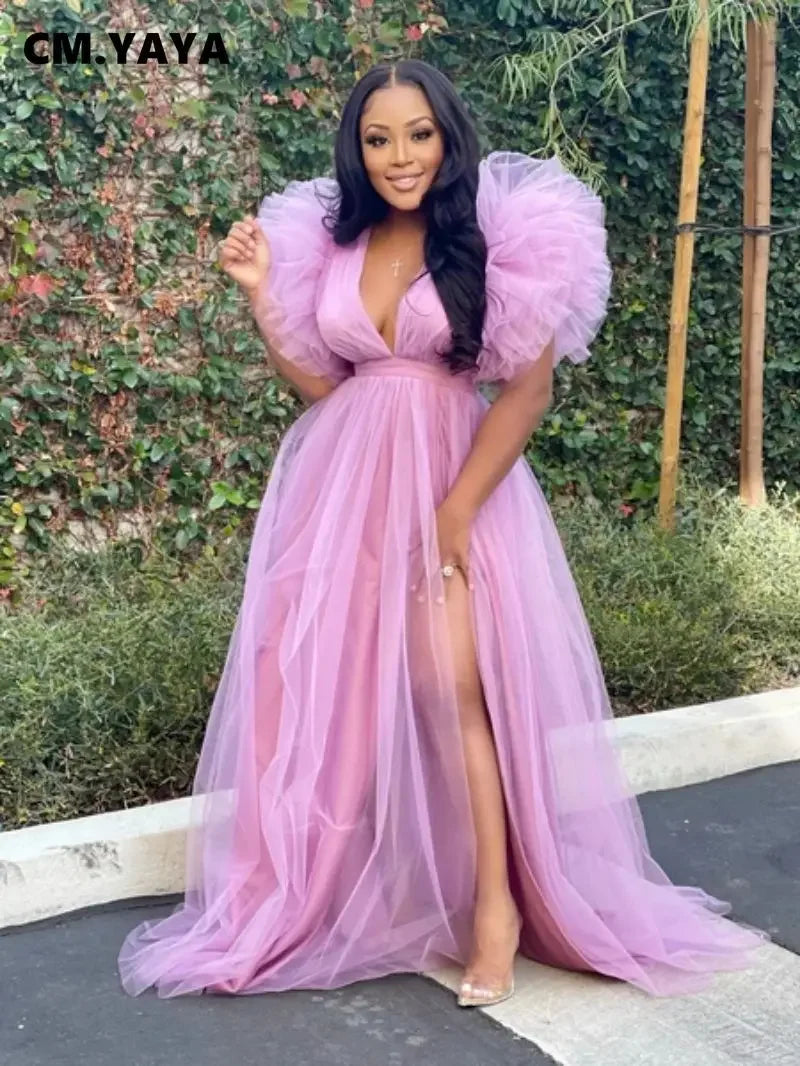 CM.YAYA Women Cascading Ruffles Shoulder High Side Split Mesh Patchwork Maxi Long Dress 2023 sexy even Party Vestidos Dresses