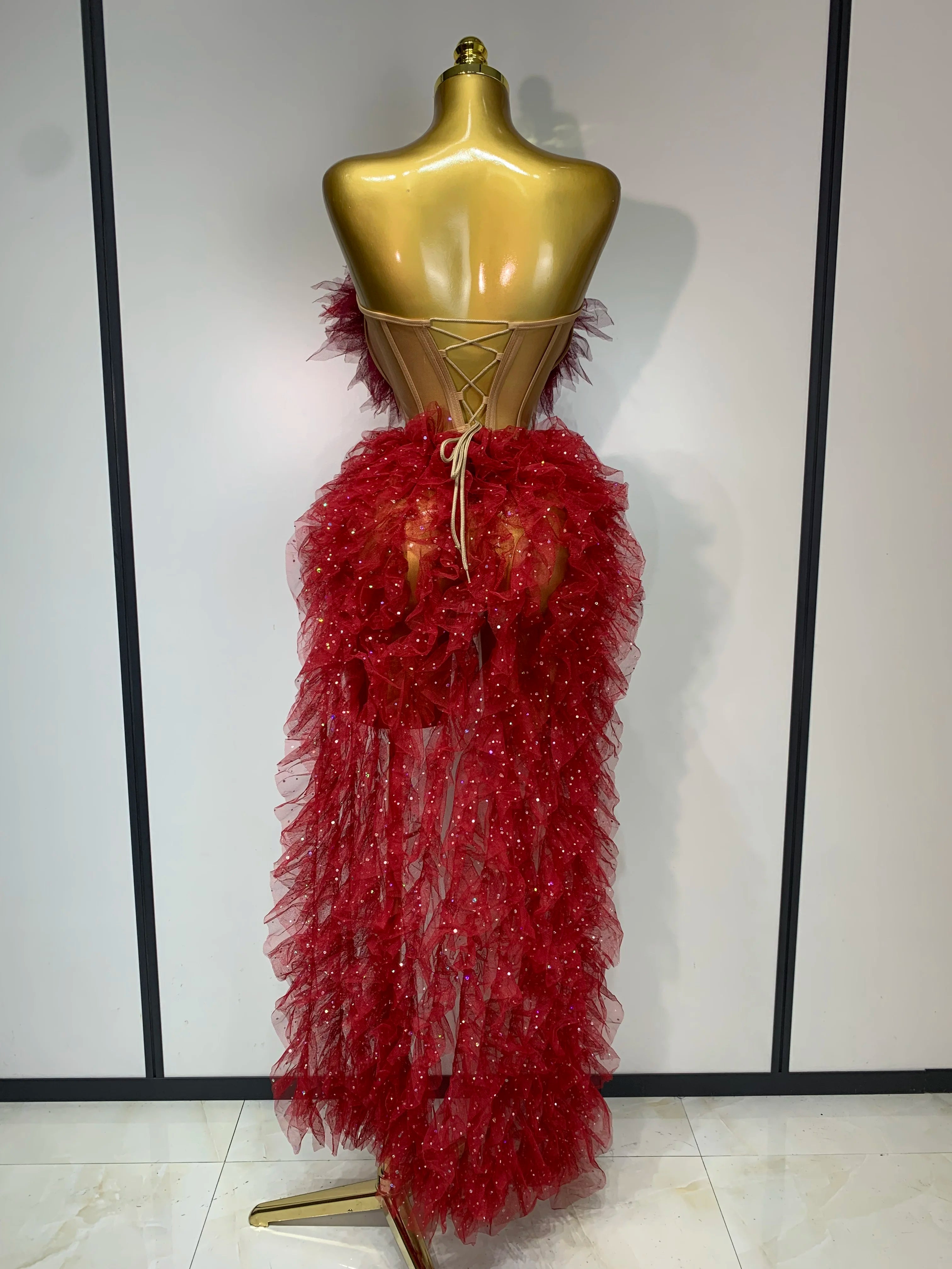 Women Sexy Strapless Mesh two Pieces Set Bodycon Long Dress High Split Nightclub Party Luxury Birthday  Singer Stage Outfit