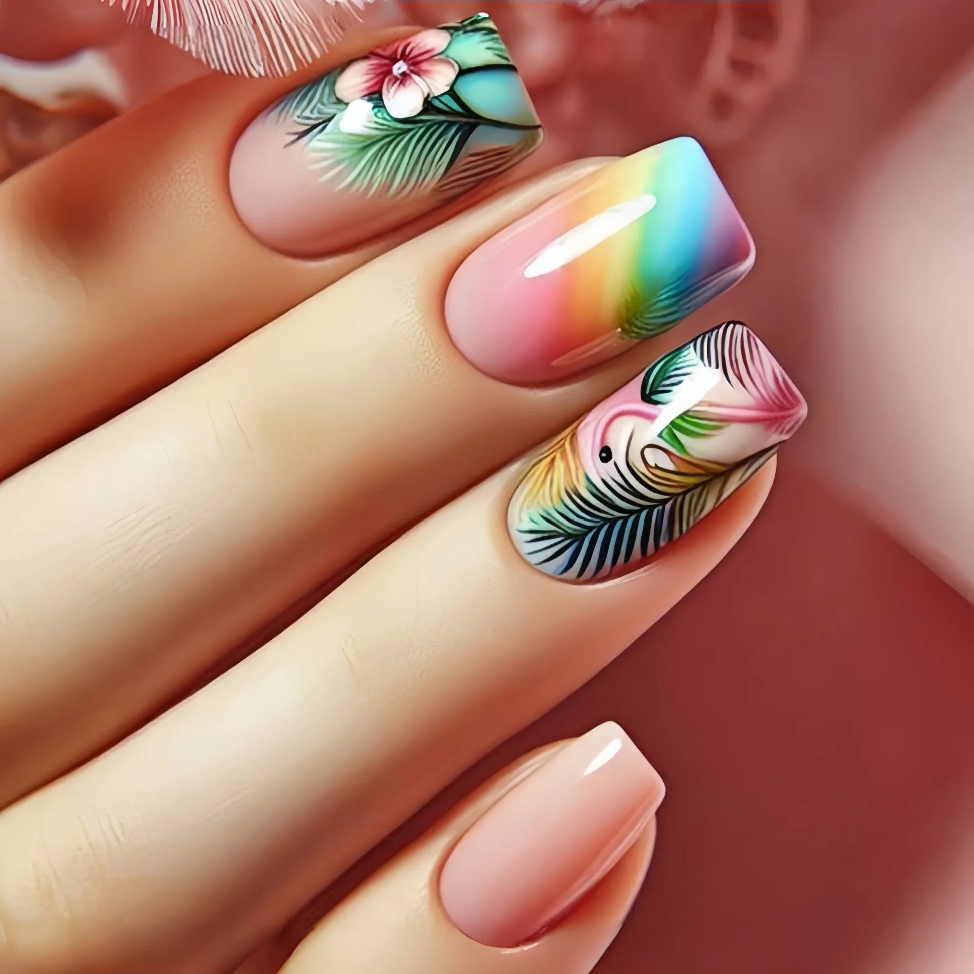 24pcs/set Medium long fake nails Gradient blue ocean fish sun flowers butterfly square ballet summer tips press on false nail