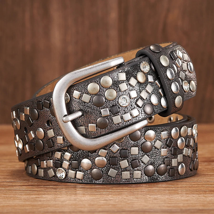 3.7CM PU Leather Rivet Belt Lady Fashion Rhinestone Women Studded Belts Female Rock Female Strap For Jeans Gun black