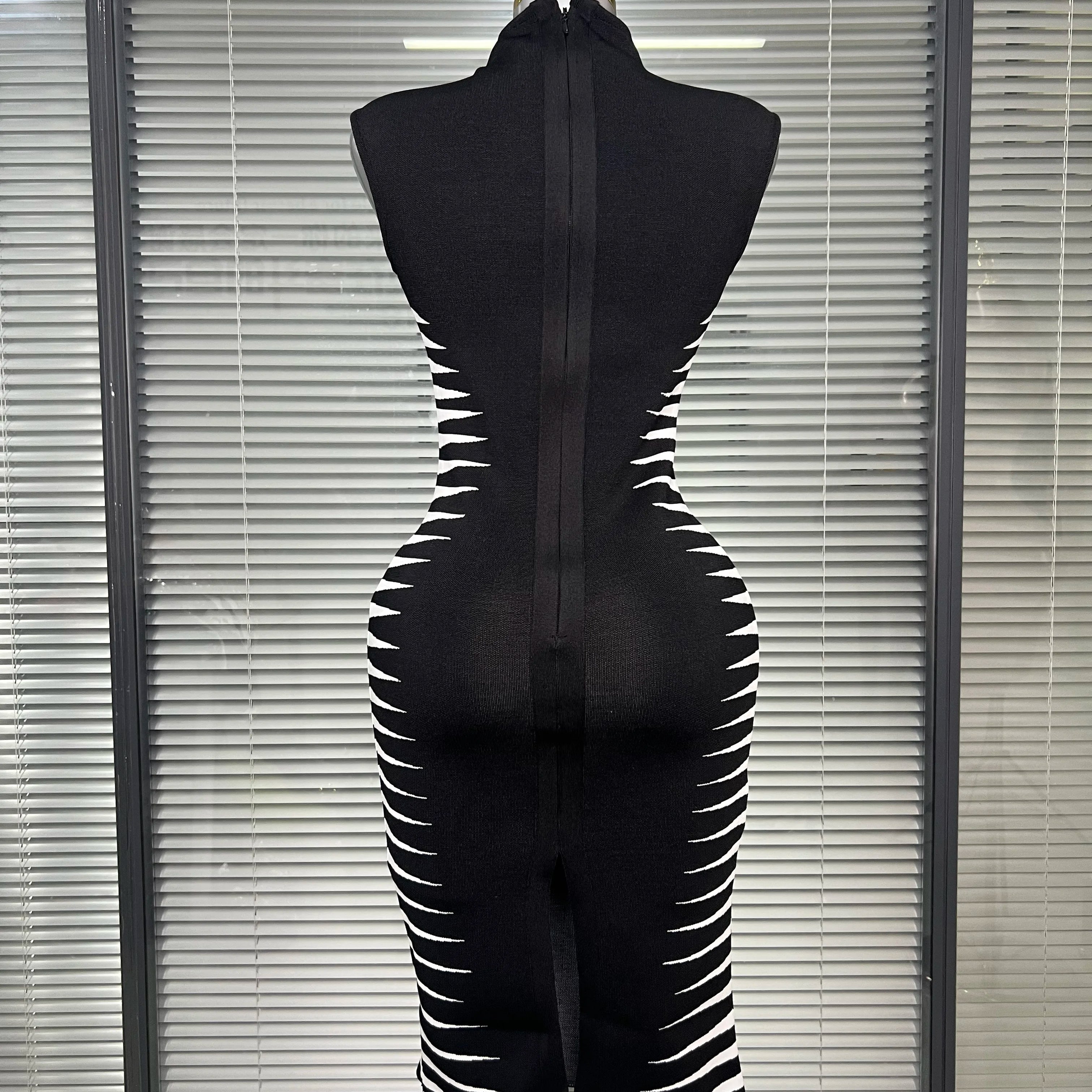 Women Sexy Black Jacquard Tank Midi Bodycon Bandage Dress High Street Elegant Celebrity Party Dress