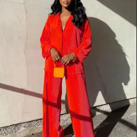 CM.YAYA Pleated Solid Women Set Long Sleeve Shirts and Straight Wide Leg Pants Suits Tracksuit Two Piece Set Fitness Outfits