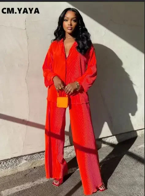CM.YAYA Pleated Solid Women Set Long Sleeve Shirts and Straight Wide Leg Pants Suits Tracksuit Two Piece Set Fitness Outfits