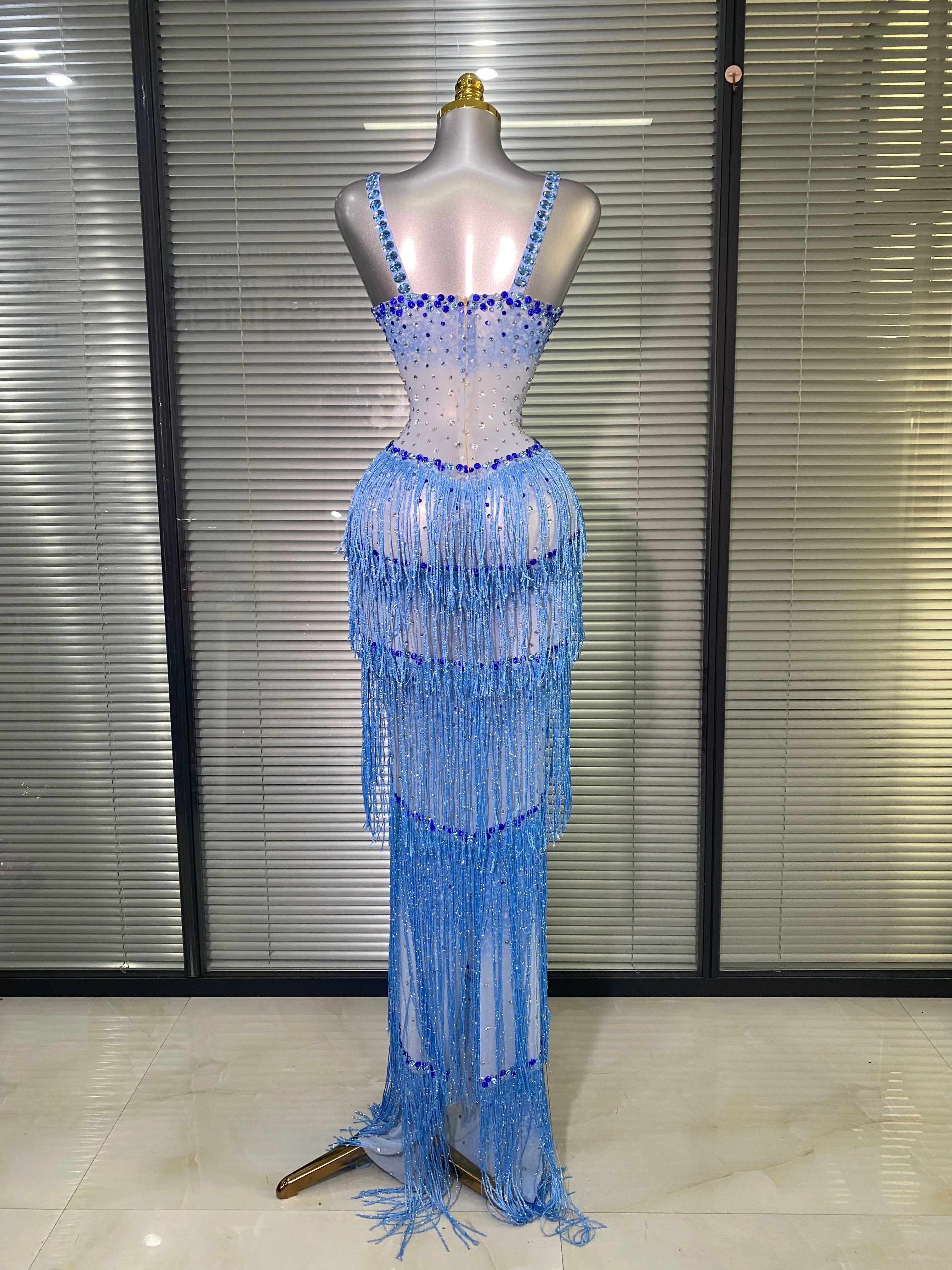 New Women Sexy Mesh Crystal Diamonds Maxi Dress See Through Blue Tassel Party Stage Costume Stage Performance Dress