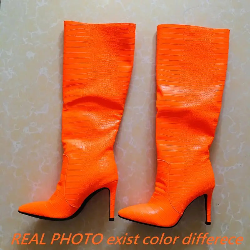 Size 43 Women Sexy Pattern Knee High Boots 2022 Autumn High-heel Pointed Toe Women's Shoes Black