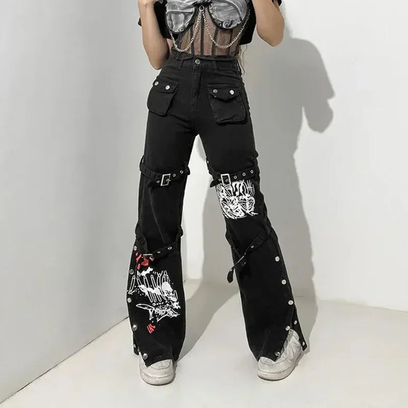 Gothic Print Women Jeans Spring Fashion Streetwear Bandage Pants Punk Style Female Dark Academic Sequined Denim Trousers New