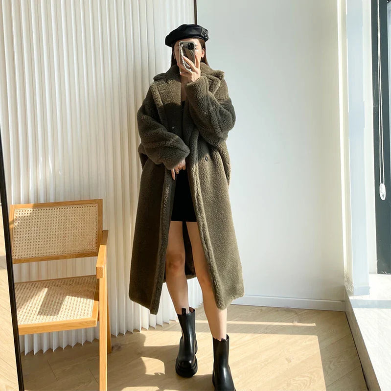 Teddy teddy bear coat women's autumn and winter fur grain camel wool coat alpaca wool med-long woolcoat army green