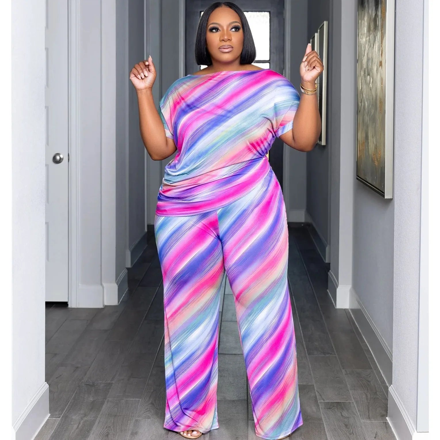 2 Piece Women Sets 2024 New Arrival Plus Size Summer Matching Sets Print Two Pieces Sets Top Pants Suits Outfits Clothing