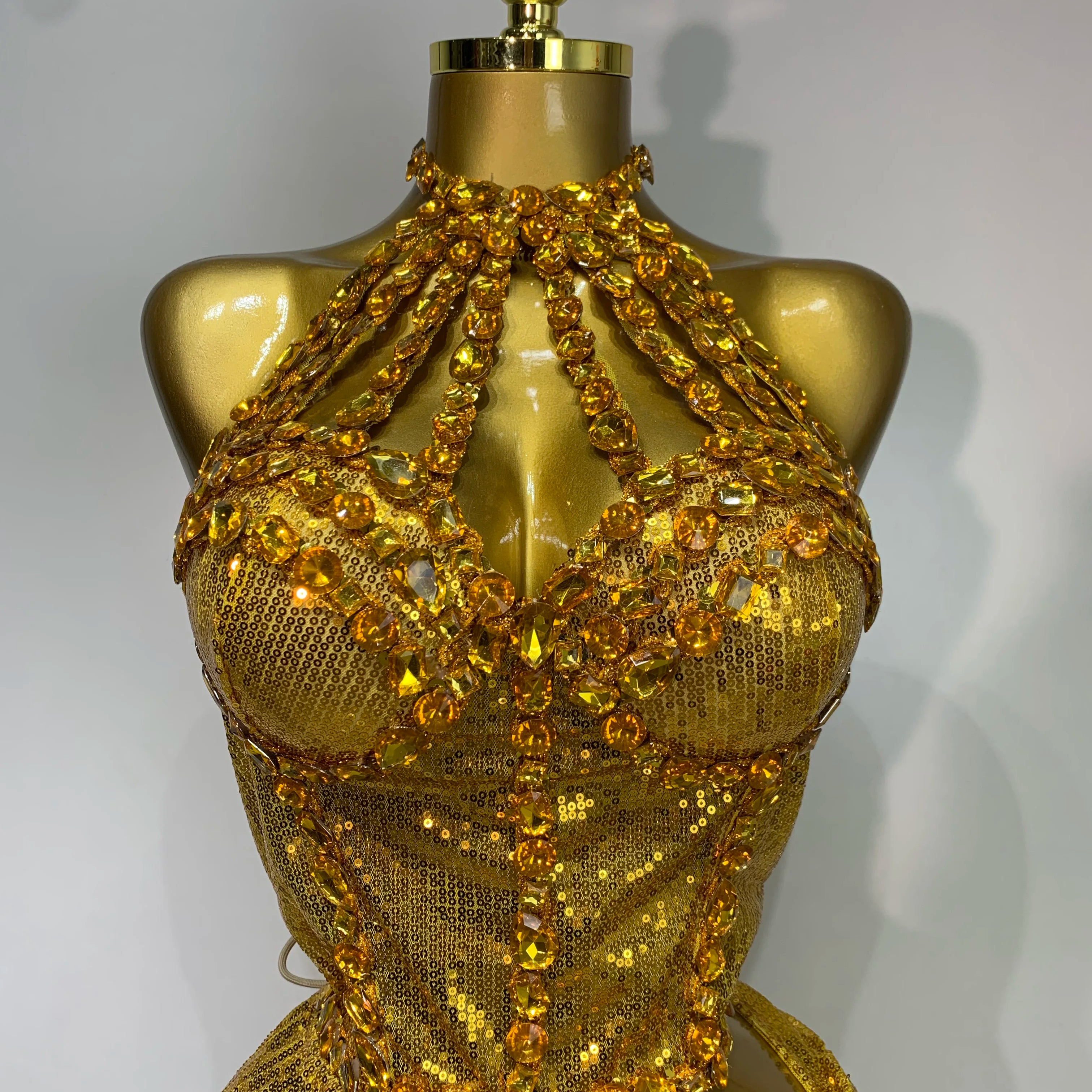 Ensemble deux pièces pour femme, haut et jupe longue à strass dorés scintillants, costume de danseuse, de chanteuse, de discothèque, robe d'anniversaire de luxe