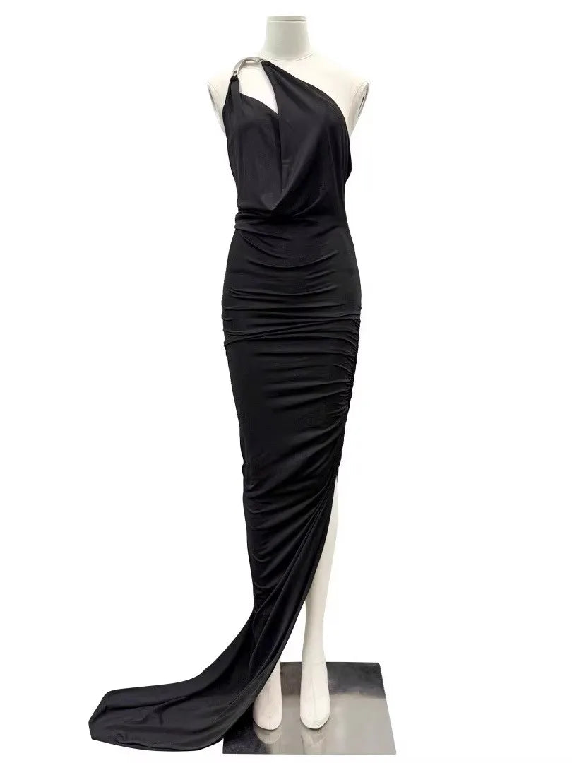 TWOTWINSTYLE Solid Slimming Spliced Folds Irregular Dresses for Women Diagonal Collar Sleeveless Split Dress Femlae Clothing New