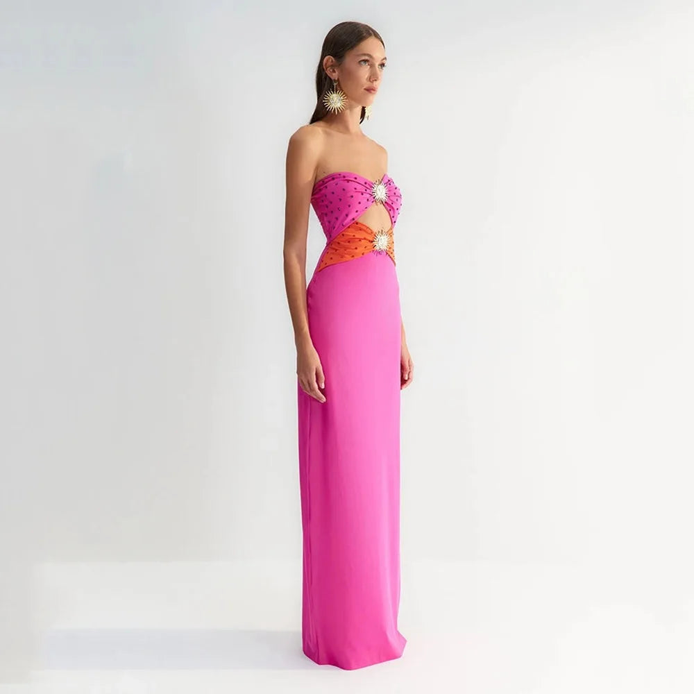 Vestido longo bandagem preto rosa feminino, sexy, sem alças, ombro de fora, colado, com strass brilhantes, para festa e boate