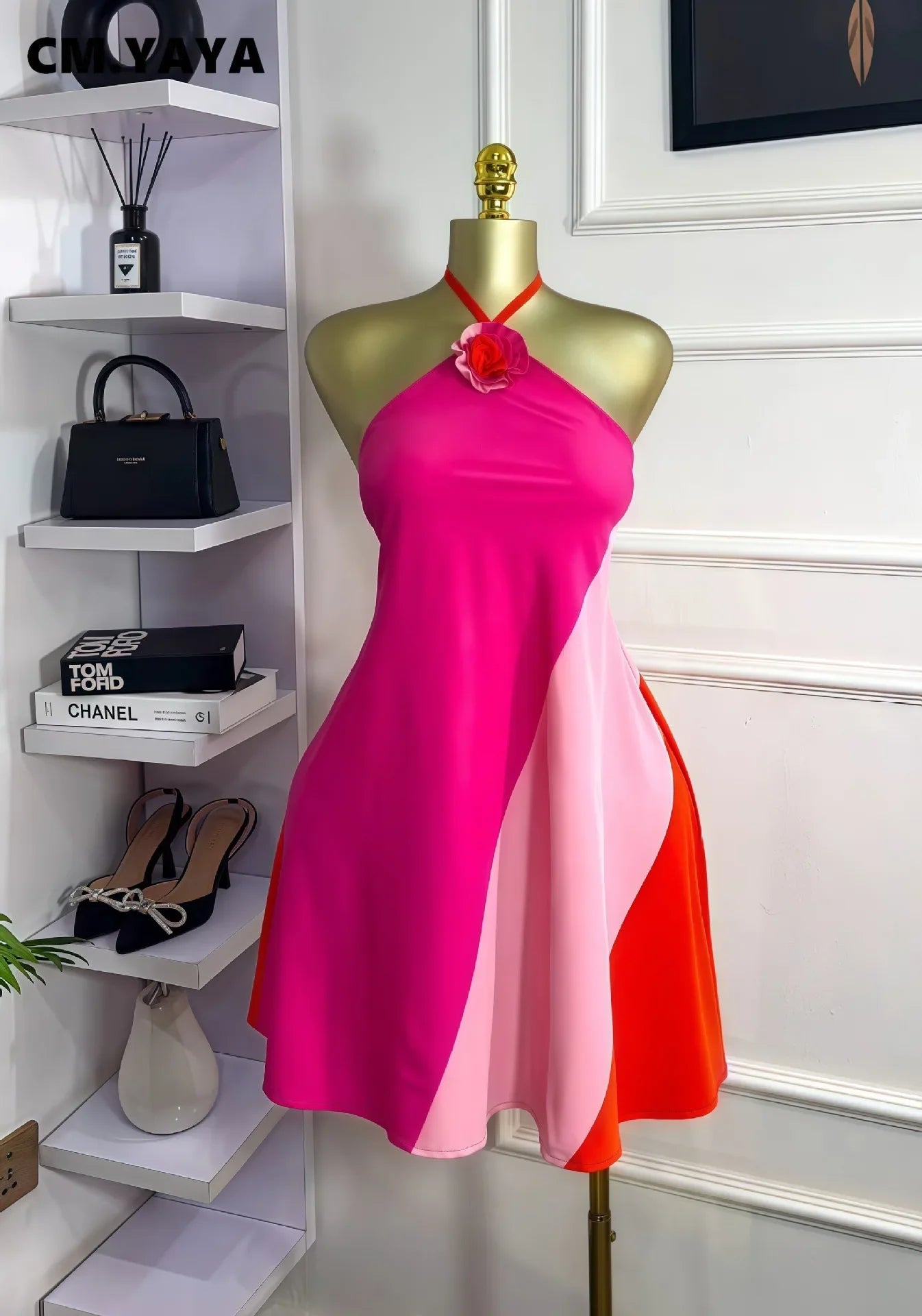 CM.YAYA Women Colorblock Halter Neck Backless Floral Applique A-line Mini Dress 2025 Summer Vacation Birthday Sexy Party Dresses
