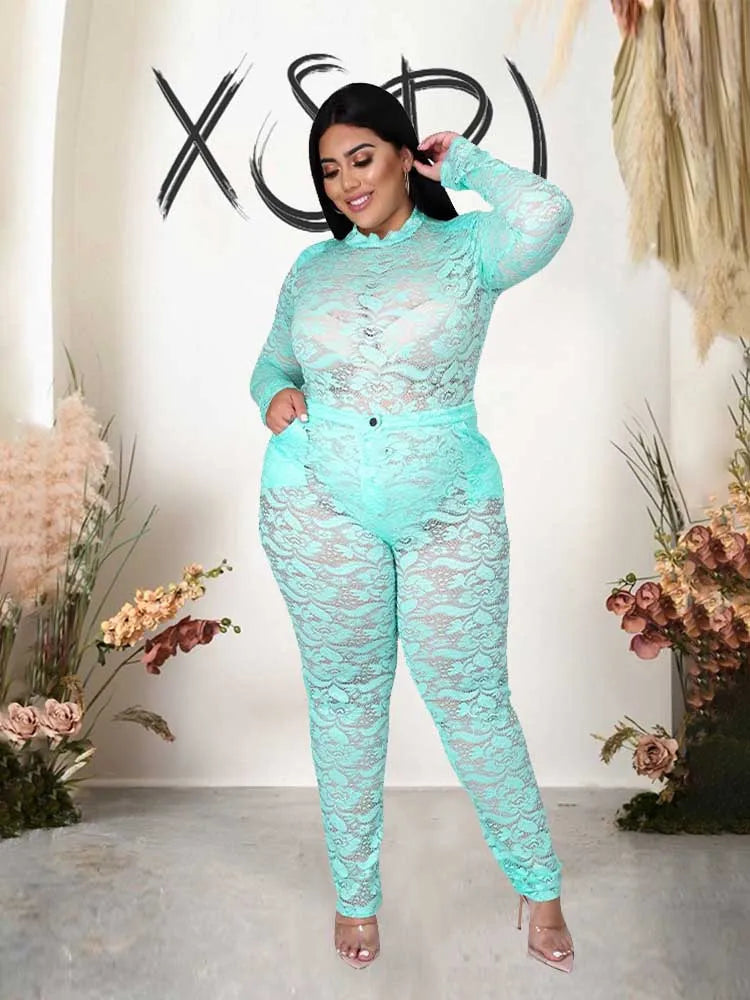 Chic and Elegant Woman Set Night Club Wear Plus Size Women Hot Outfit Transparent Lace Bodysuit and Pants Sexy Festival Outfit