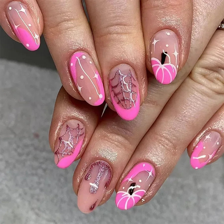 Lot de 24 faux ongles à coller faits main, motif amande, motif chauve-souris, araignée, style Halloween, style Y2K, tendance !